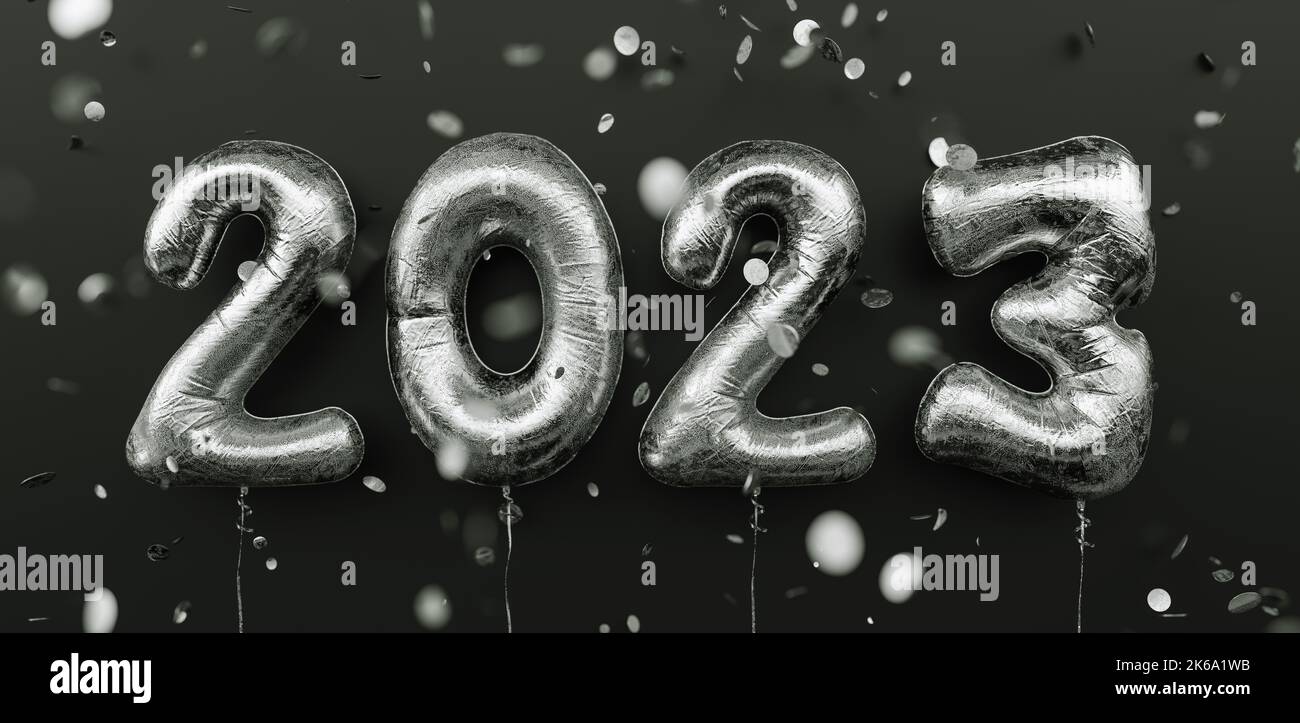 Happy New 2023 Year. 2023 silver foil balloons and falling confetti on black background. Gold helium balloon numbers. Festive poster or banner concept Stock Photo