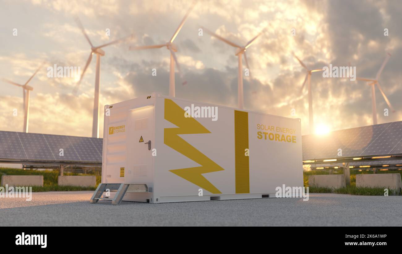 modern battery energy storage system with wind turbines and solar panel power plants in