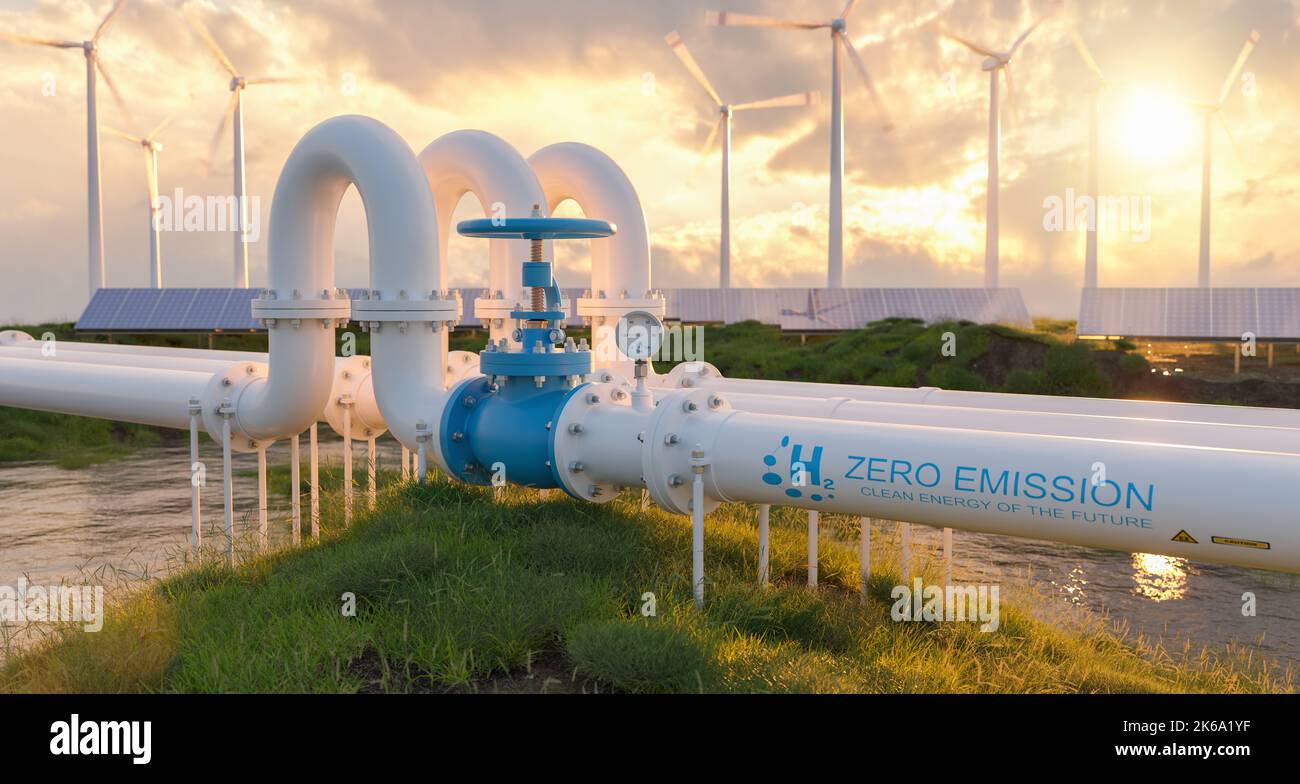 A hydrogen pipeline with wind turbines and solar panel power plants in