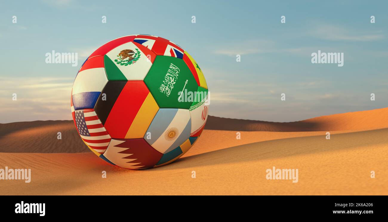 Big soccer ball with many country flags for the World Cup in the desert