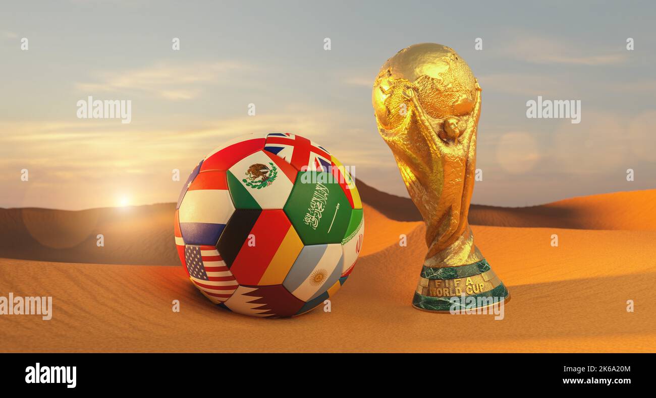 Fifa world cup 2022 celebration winning trophy with Big soccer ball