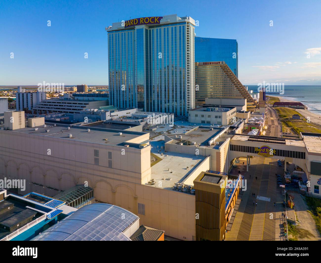 Hard Rock Hotel, Showboat and Ocean Casino Resort at Boardwalk in Atlantic City, New Jersey NJ, USA. Stock Photo