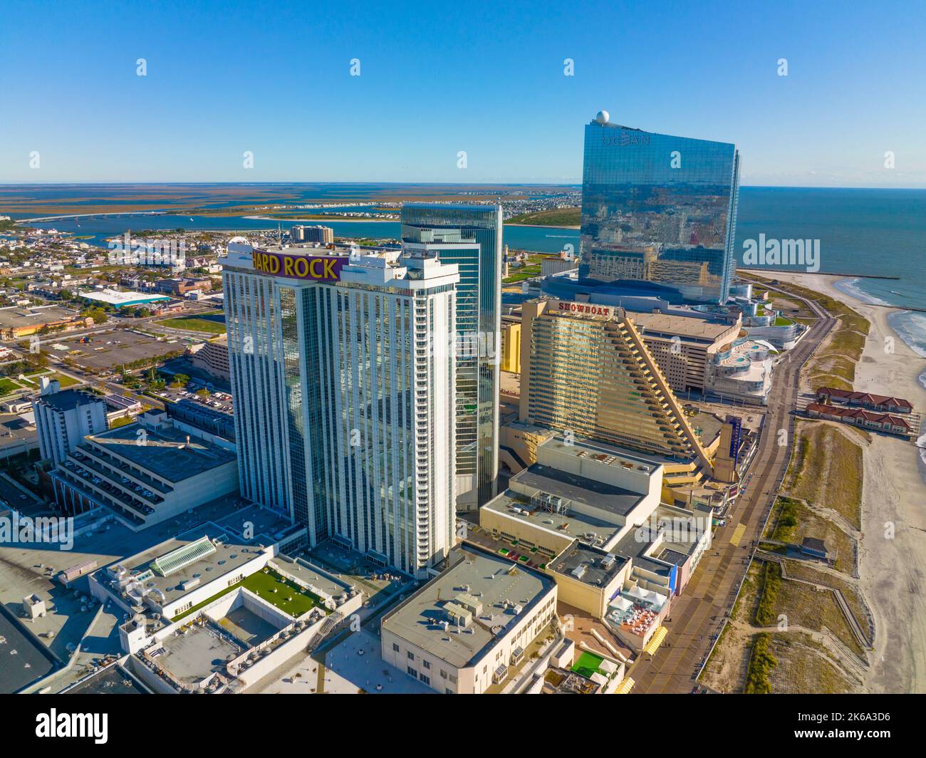Hard Rock Hotel, Showboat and Ocean Casino Resort at Boardwalk in Atlantic City, New Jersey NJ, USA. Stock Photo