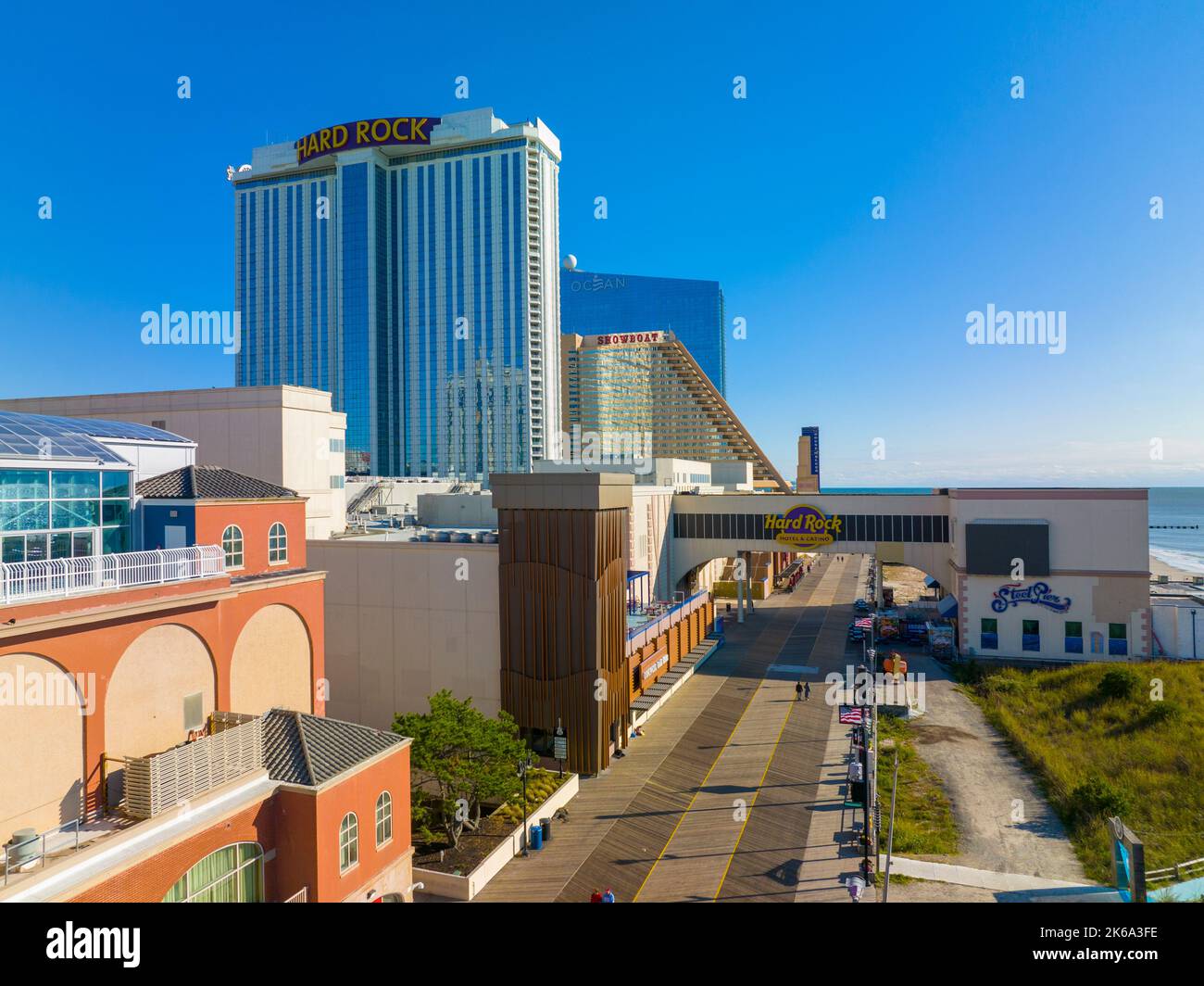 Hard Rock Hotel, Showboat and Ocean Casino Resort at Boardwalk in Atlantic City, New Jersey NJ, USA. Stock Photo
