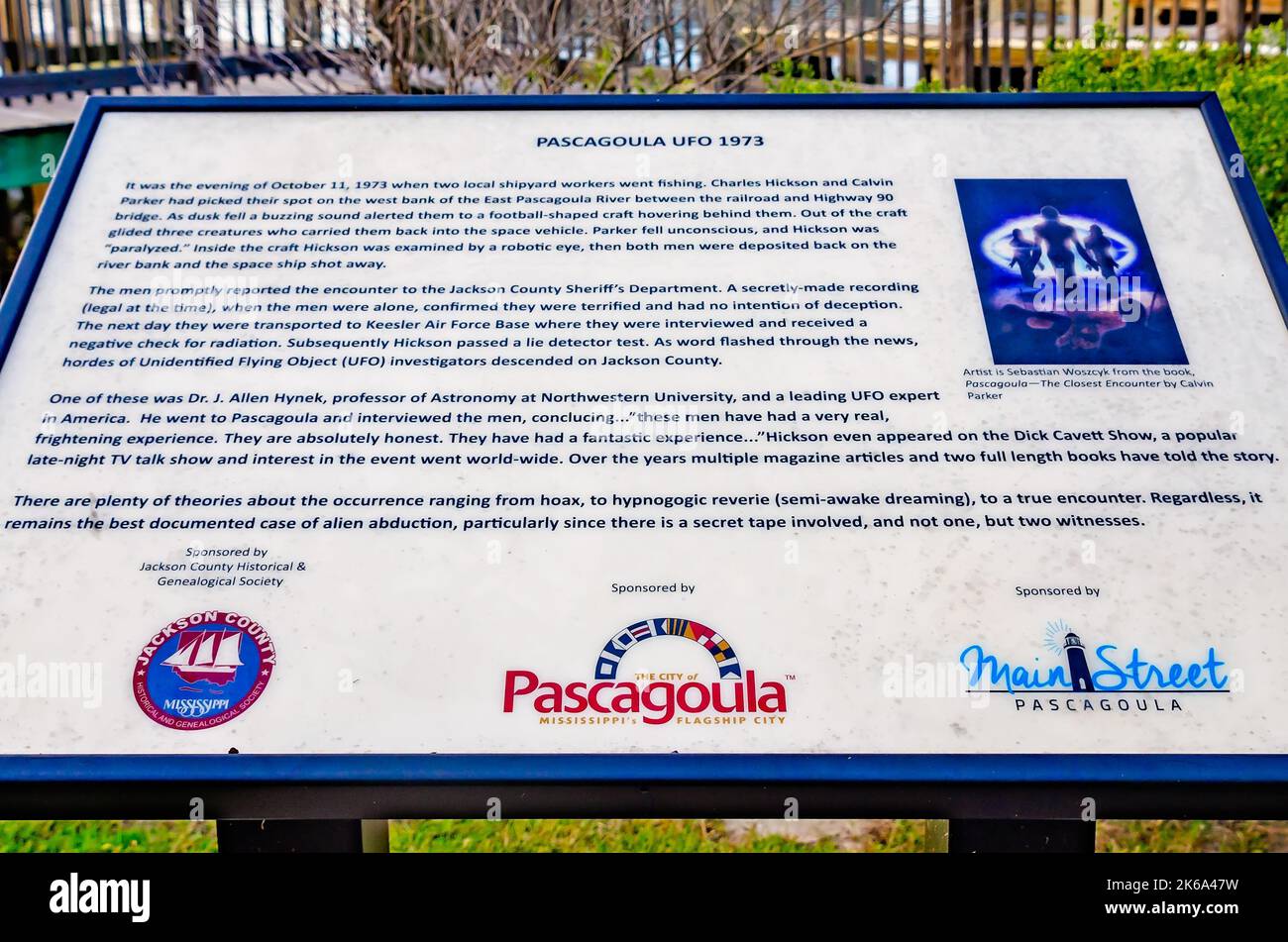 A historic marker in Lighthouse Park details the alleged alien abduction in 1973 of two Pascagoula shipyard workers in Pascagoula, Mississippi. Stock Photo