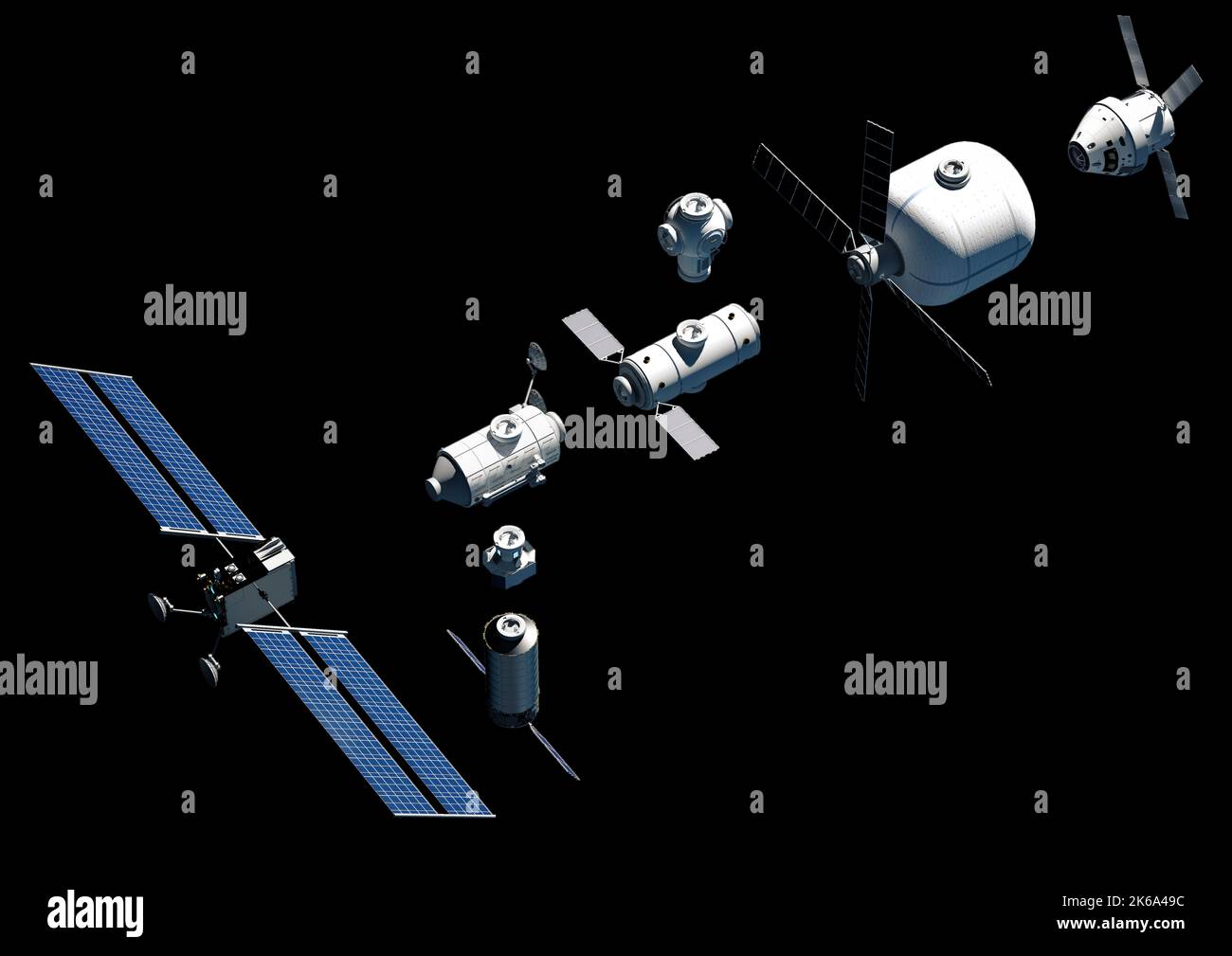 Lunar Gateway space station concept, exploded view. Stock Photo