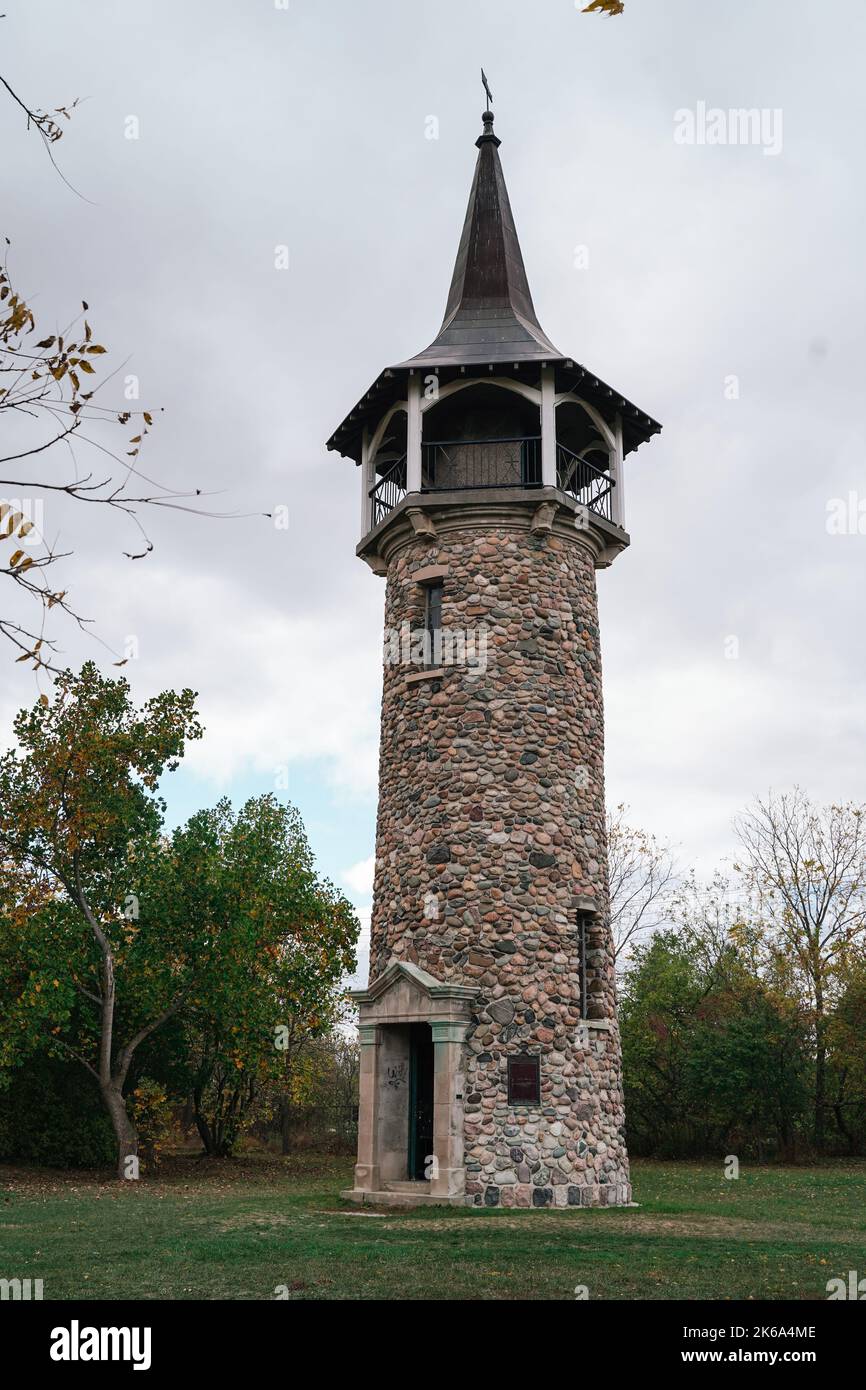 The Waterloo Pioneer Memorial Tower was built in 1926 in Kitchener to commemorate the arrival of the Pennsylvania Dutch to Southwestern Ontario. Stock Photo