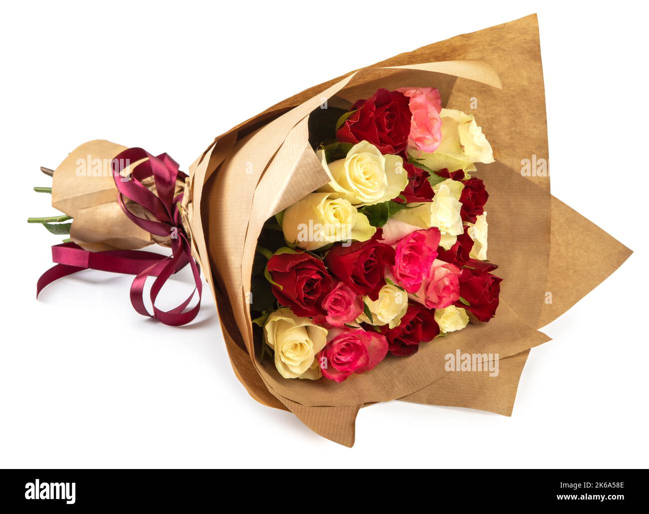 Fresh, bouquet of roses wrapped in kraft paper for gift, isolated on white background. Stock Photo