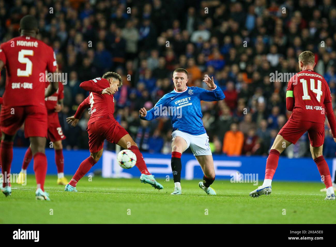 Glasgow, UK. 12th Oct, 2022. In the second game of the group stages of the Champions League, between these two teams Rangers FC play Liverpool FC at Ibrox, Rangers home stadium in Glasgow. The first game between these two teams in the Champions League, Liverpool won 2 - 0. Credit: Findlay/Alamy Live News Stock Photo