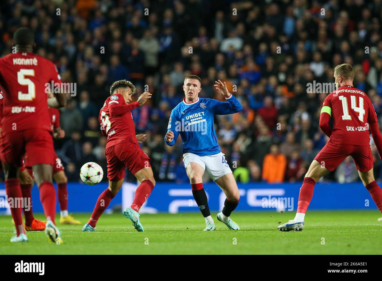 Glasgow, UK. 12th Oct, 2022. In the second game of the group stages of the Champions League, between these two teams Rangers FC play Liverpool FC at Ibrox, Rangers home stadium in Glasgow. The first game between these two teams in the Champions League, Liverpool won 2 - 0. Credit: Findlay/Alamy Live News Stock Photo