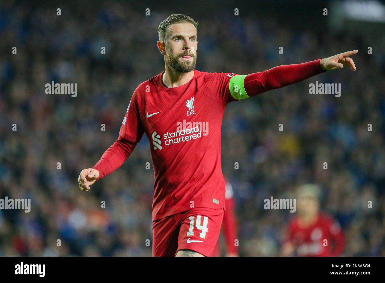 Glasgow, UK. 12th Oct, 2022. In the second game of the group stages of the Champions League, between these two teams Rangers FC play Liverpool FC at Ibrox, Rangers home stadium in Glasgow. The first game between these two teams in the Champions League, Liverpool won 2 - 0. Credit: Findlay/Alamy Live News Stock Photo