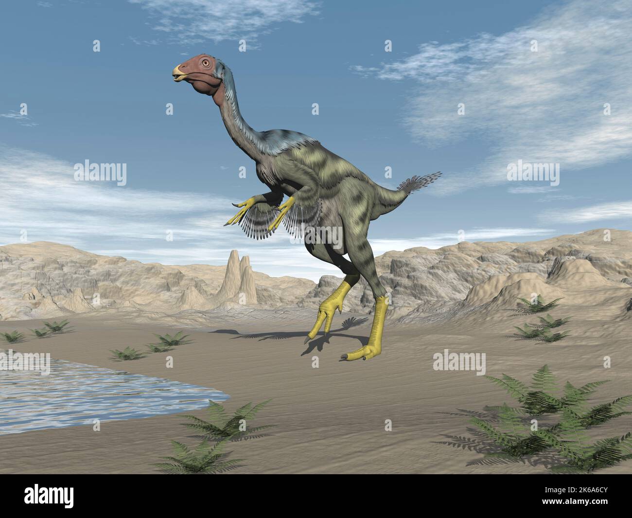 Caudipteryx dinosaur drinking water in the desert. Stock Photo