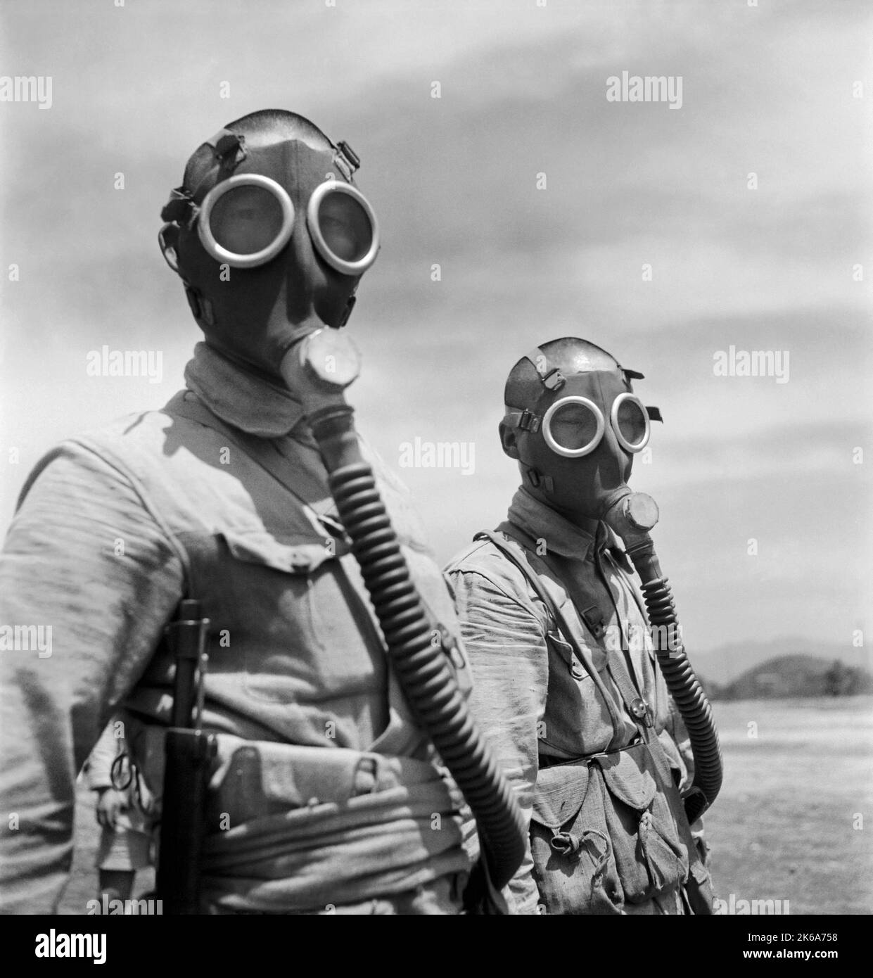 Chinese soldiers wearing gas masks during World War II, 1944. Stock Photo