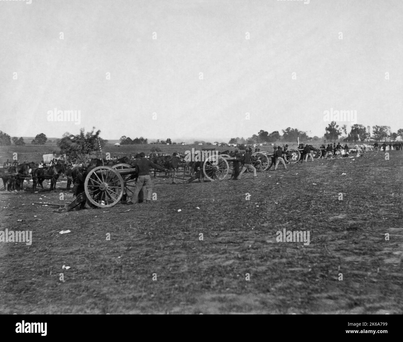 Union artillery lined up in a row of cannons in a field, Fredericksburg, Virginia, 1862. Stock Photo