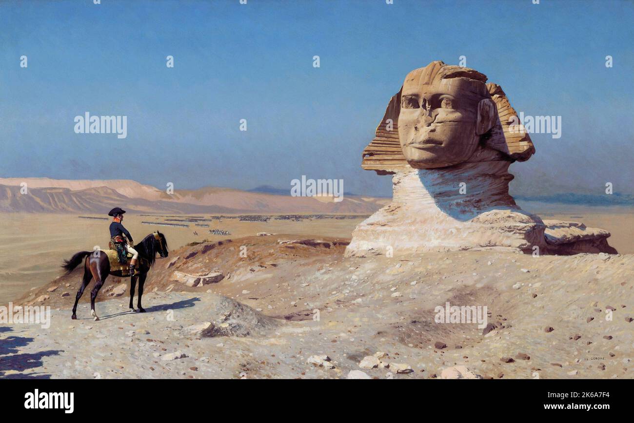 Napoleon Bonaparte on horseback standing in front of the Great Sphinx of Giza. Stock Photo