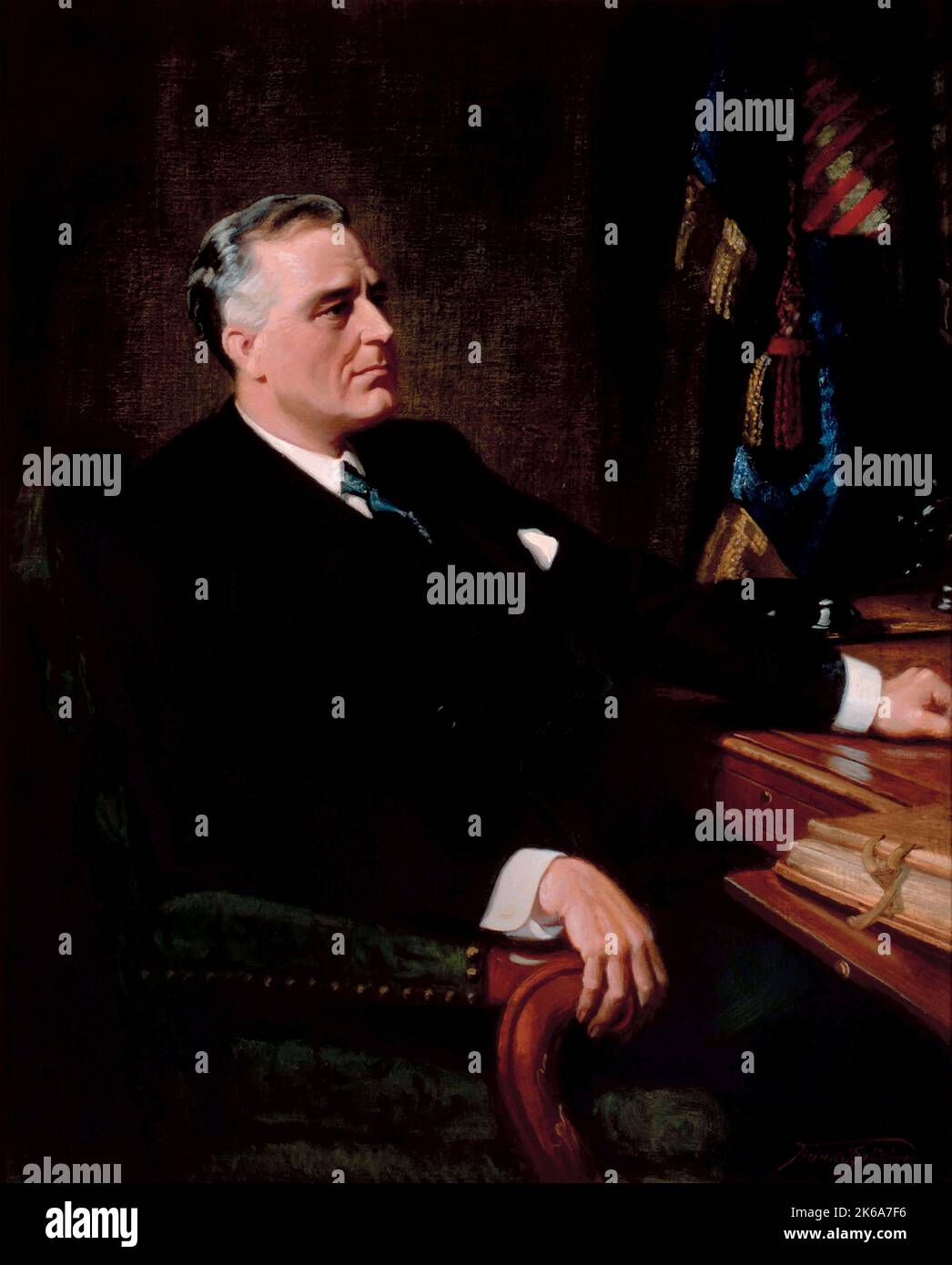 Vintage American history painting of President Franklin Roosevelt seated at a desk. Stock Photo