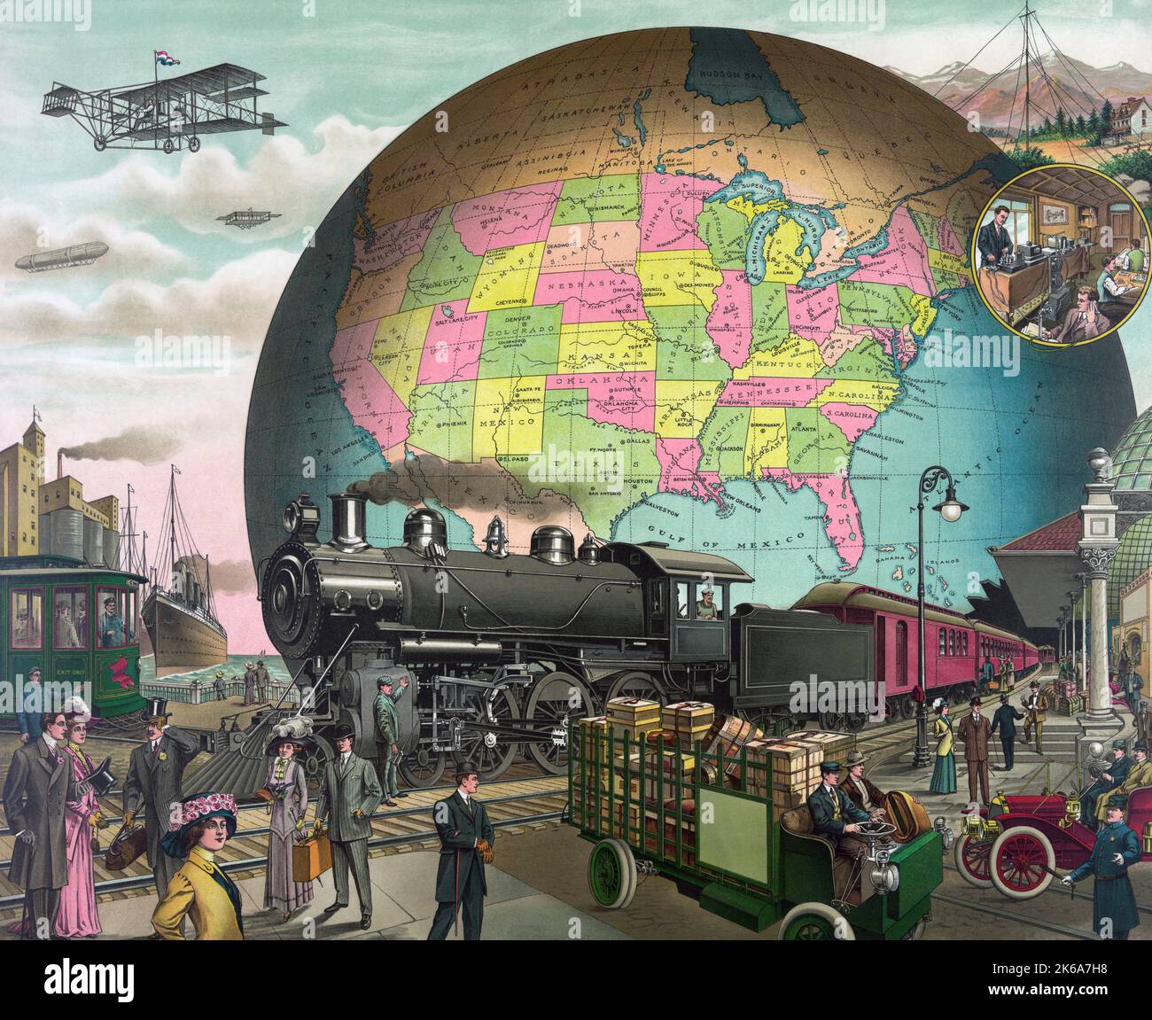 20th century transportation artwork by ES Yates with a large globe in the background. Stock Photo