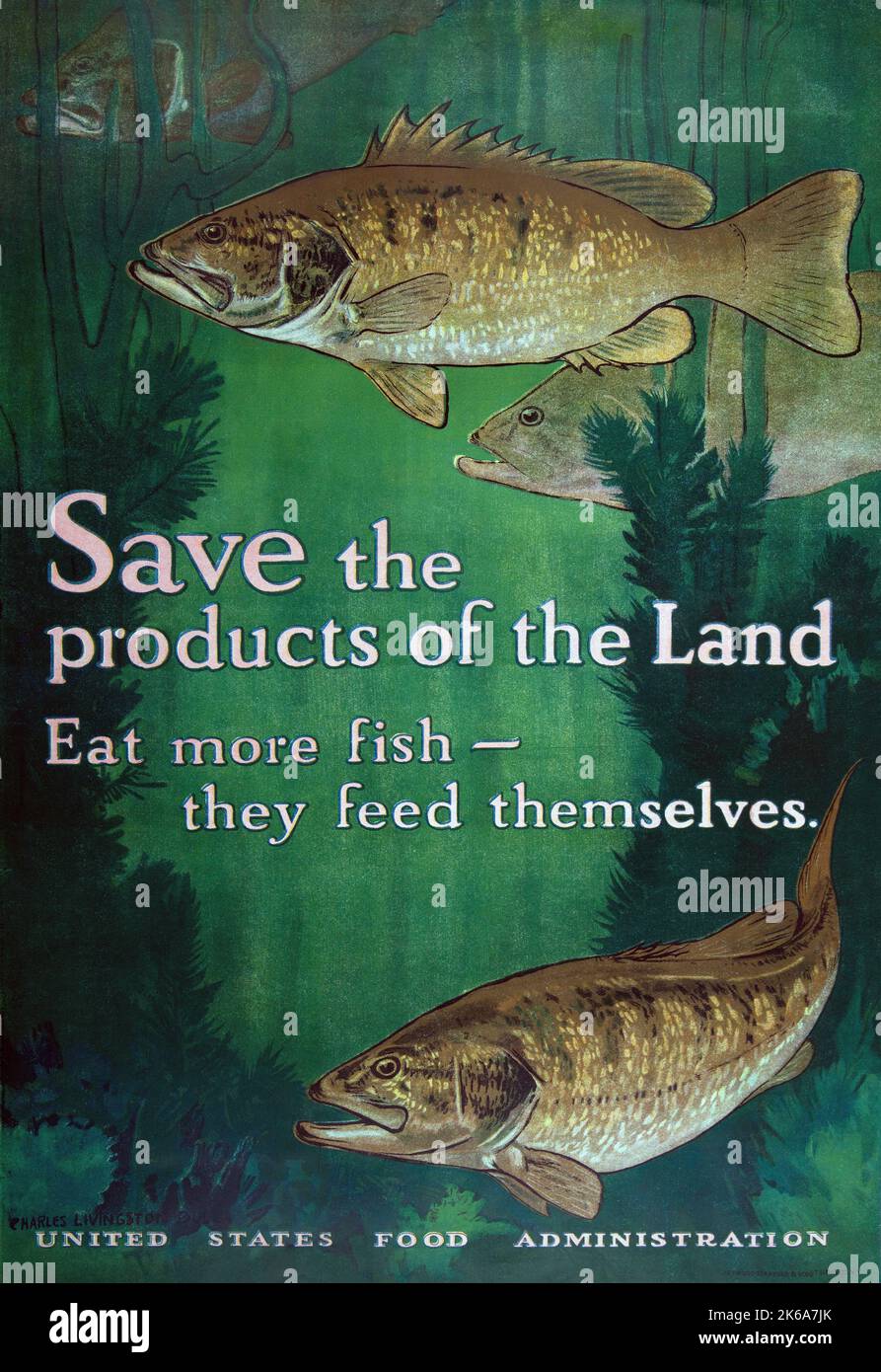 Vintage propaganda artwork encouraging people to eat more fish during World War I. Stock Photo