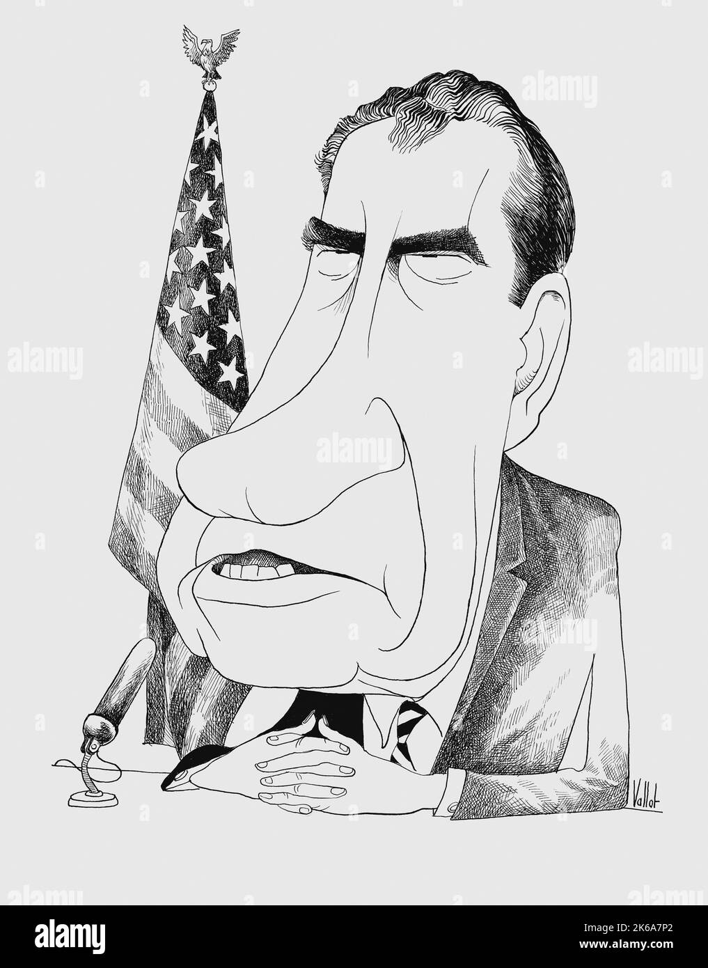 A caricature of President Richard Nixon seated before a microphone in front of an American flag. Stock Photo