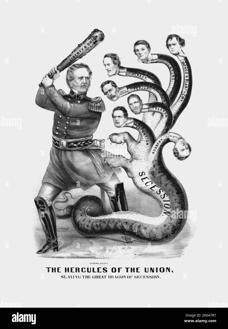 General Winfield Scott of the Union Army, depicted as Hercules slaying the great dragon of secession. Stock Photo
