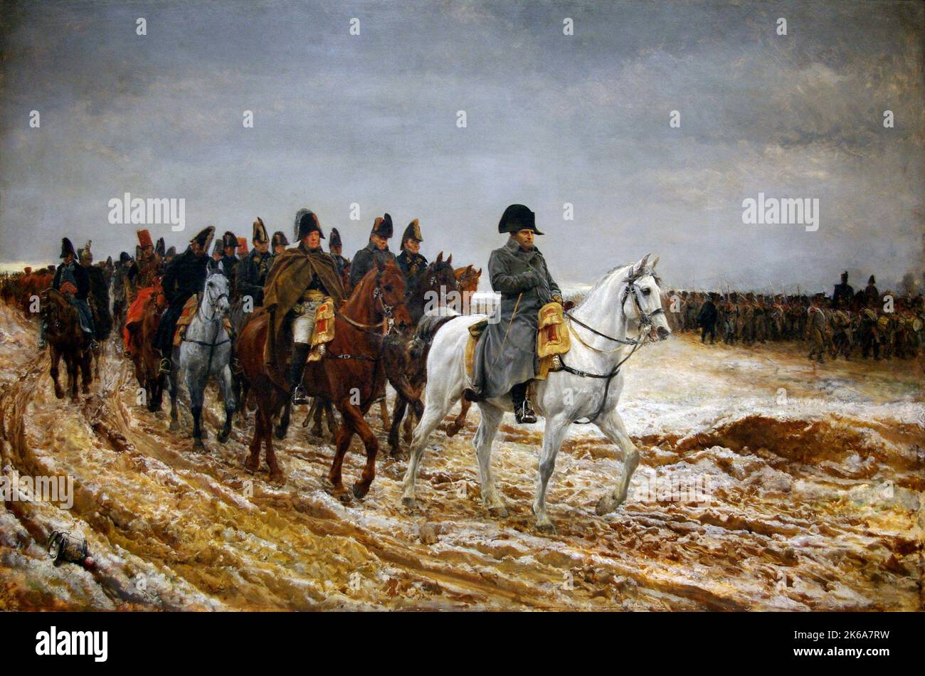 19th century painting of Napoleon Bonaparte returning from Soissons after the Battle of Laon. Stock Photo