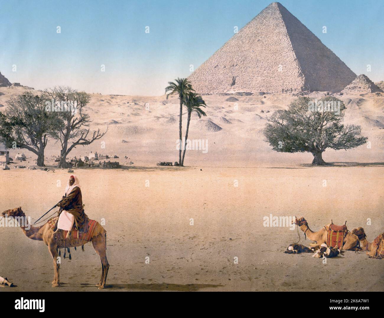 Photochrom photo of the Great Pyramid of Giza, circa 1900. Stock Photo