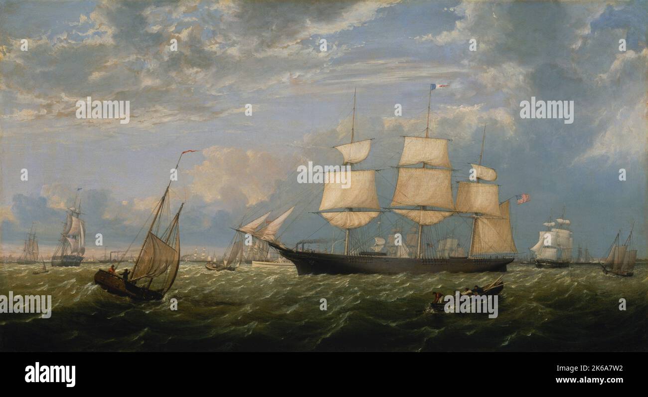 19th century painting of the Golden Gate merchant ship as it enters New York Harbor, 1854. Stock Photo