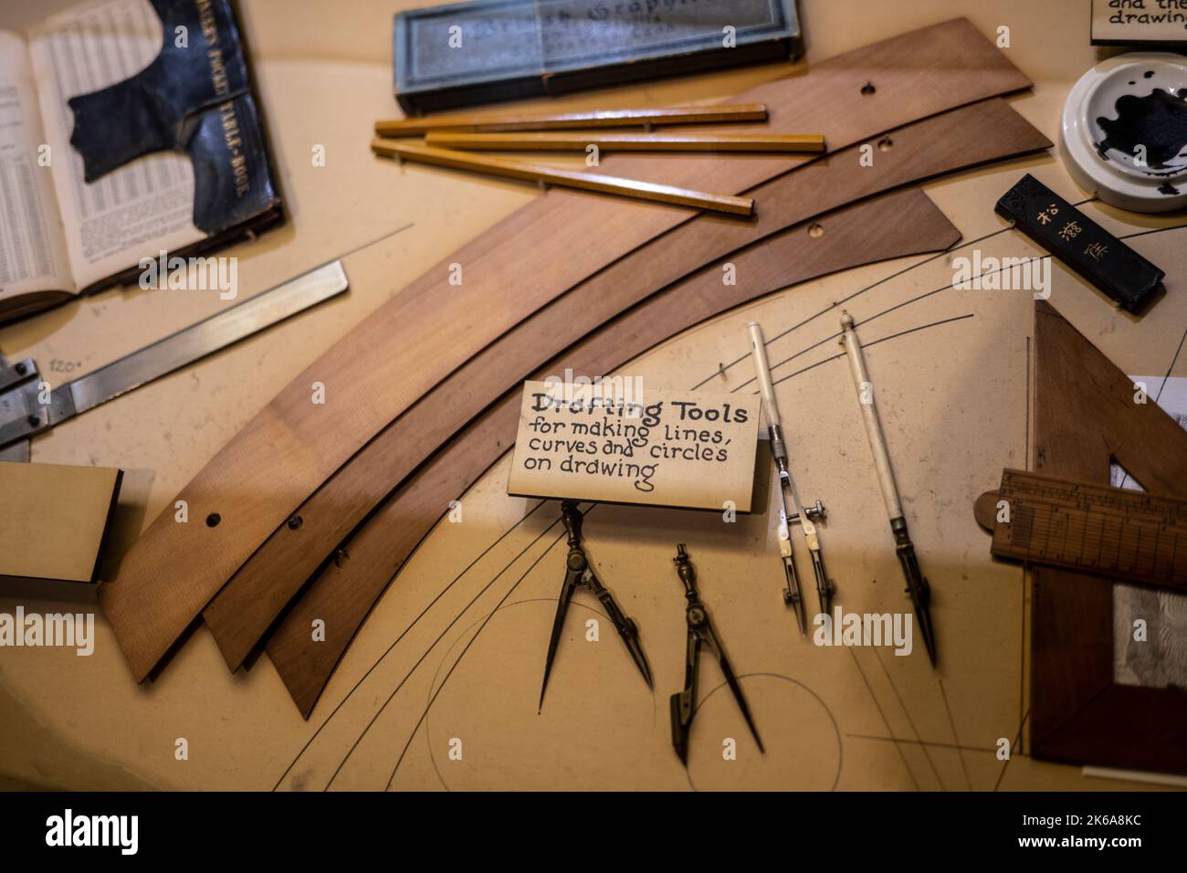 drafting tools used to make railroad maps Stock Photo
