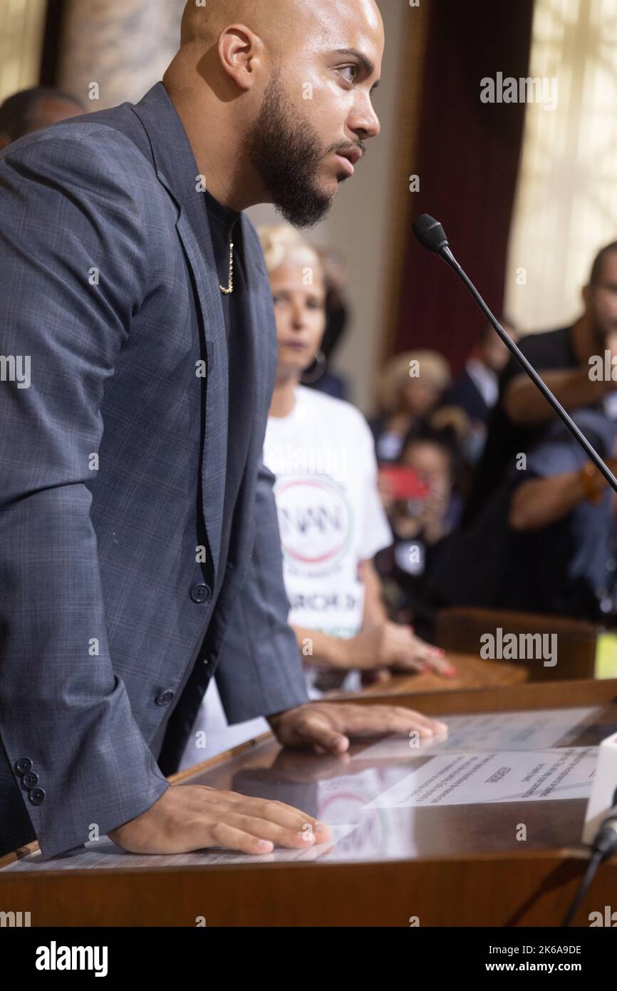 Los Angeles, California - October 11, 2022- California Assemblymember Isaac Bryan makes public comments as angry protesters attended a Los Angeles Cit Stock Photo