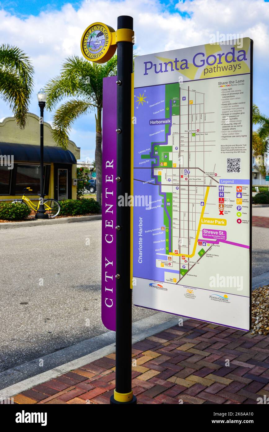 The colorful Punta Gorda City pathway Map sign on sidewalk in heart of Florida retirement and snowbird community on Southwest coast of Florida Stock Photo