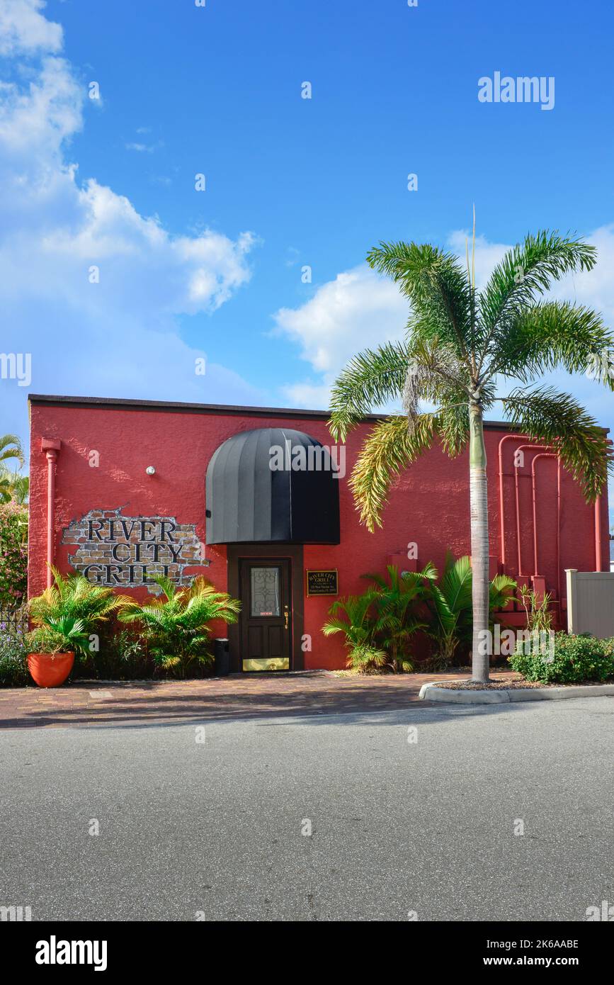 The River City Grill, a popular and trendy restaurant in downtown Punta Gorda, FL, with attractive trendy design, with a tropical vibe & cool style Stock Photo