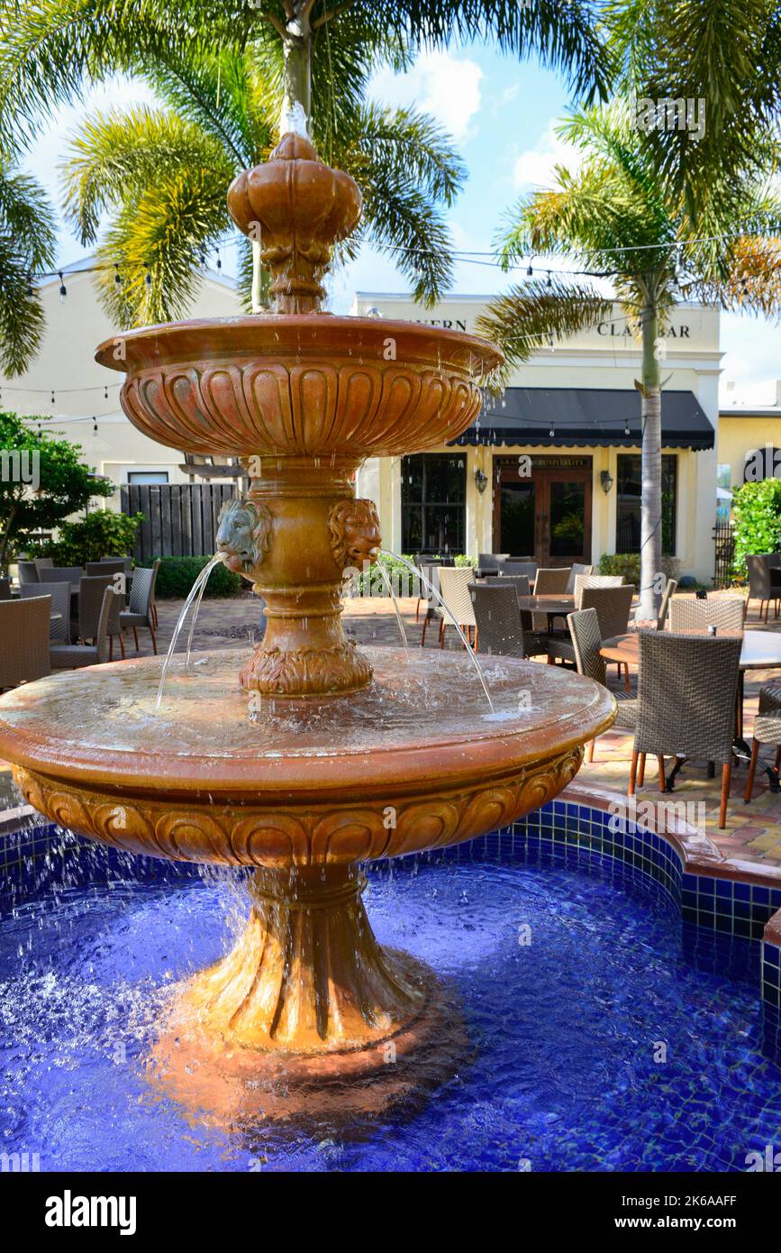 A Beautiful water fountain in the courtyard of the Turtle Club restuarant,  pre-Hurrican Ian, in Punta Gorda, FL, retirement  South Florida living Stock Photo