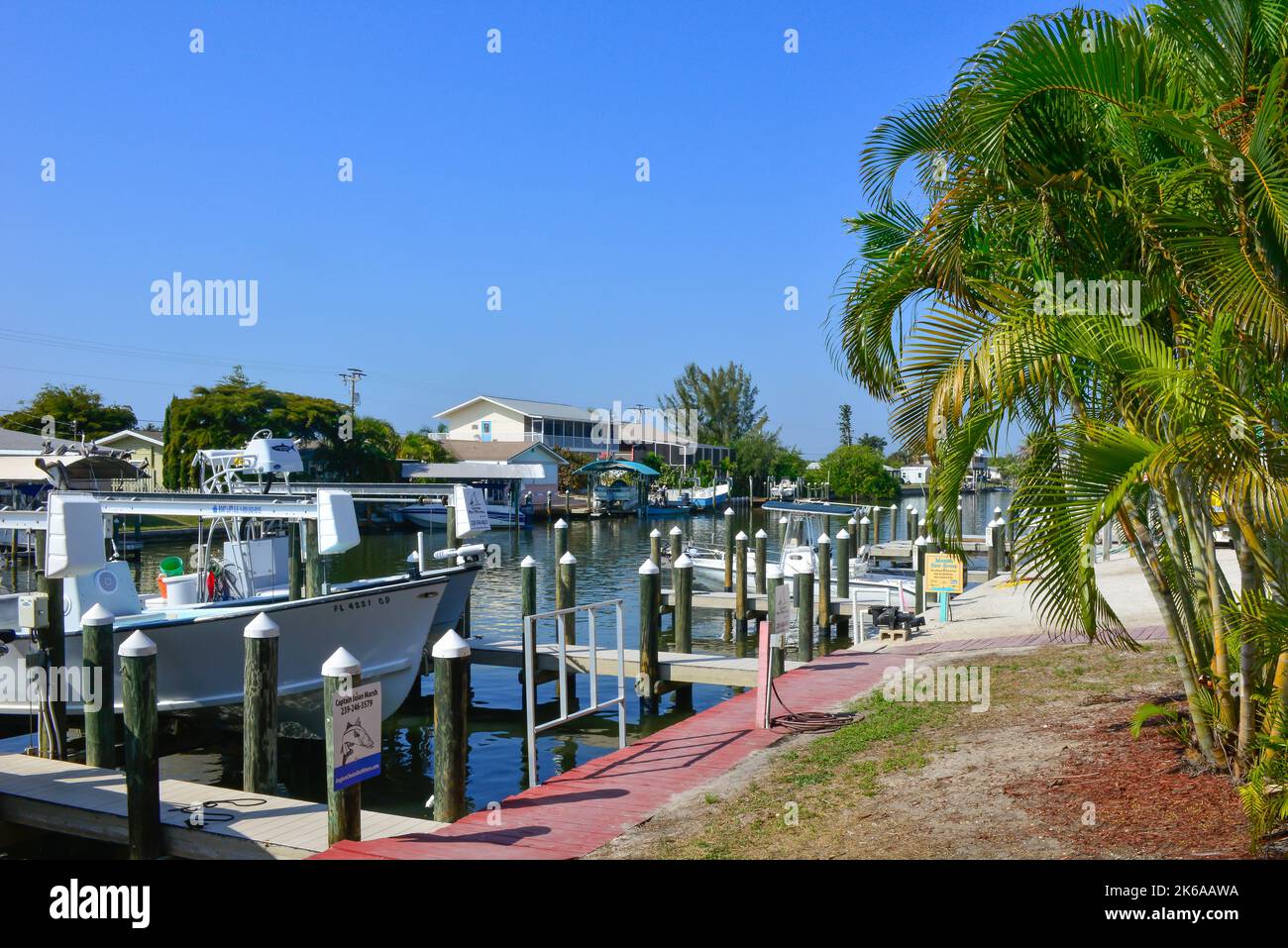 View of Monroe's Canal Marina alongside Phuzzy Boat Shack Restaurant and Bar on St James City, Florida on Pine Island, before hurricane Ian Stock Photo