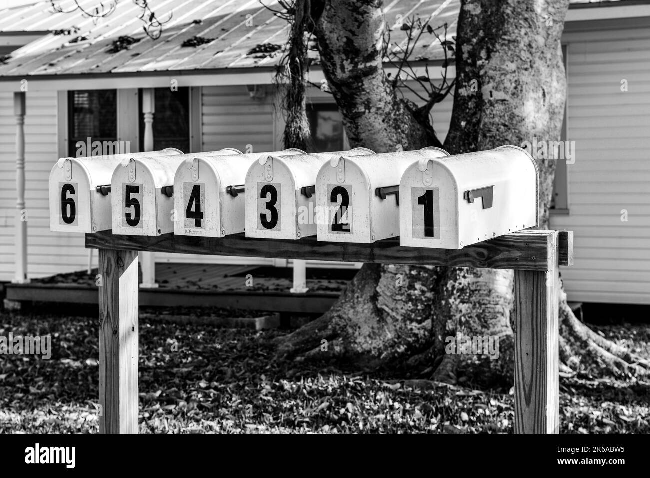 A simplistic yet graphic presentation of six identical mailboxes in a row with homemade wooden stand, and large numerals one through six in black in w Stock Photo