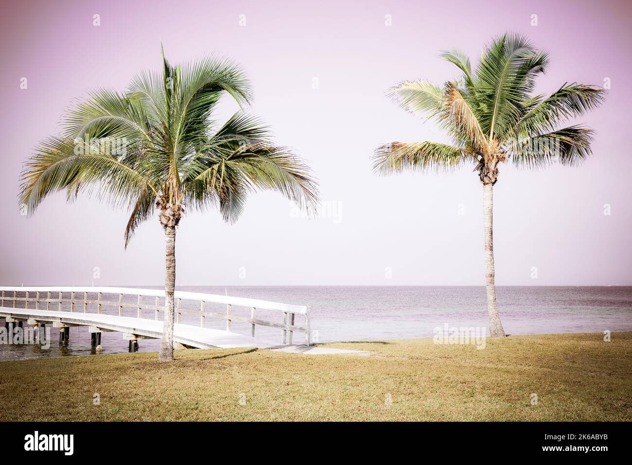 A serene panoramic view over the Charlotte Harbor of a simple wooden pier and palm trees in  Bokeelia, Florida, on Pine Island, quintessential Old Flo Stock Photo