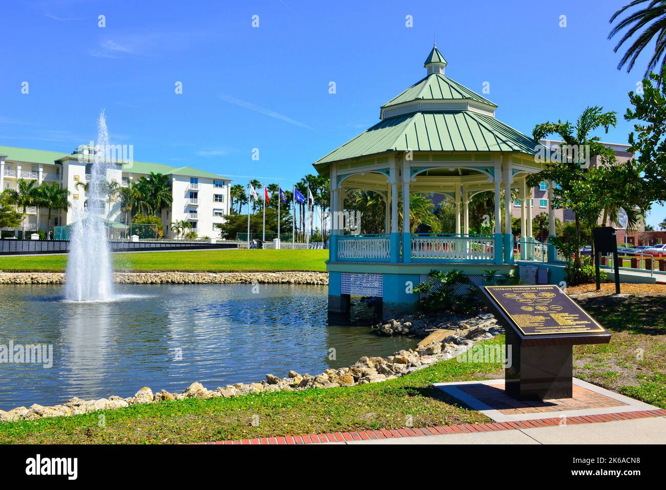 The Fountain of Freedom in the lake & gradens beside the Gazabo in the Veterans Park in Laishley Park, Punta Gorda, Charlotte County, FL Stock Photo