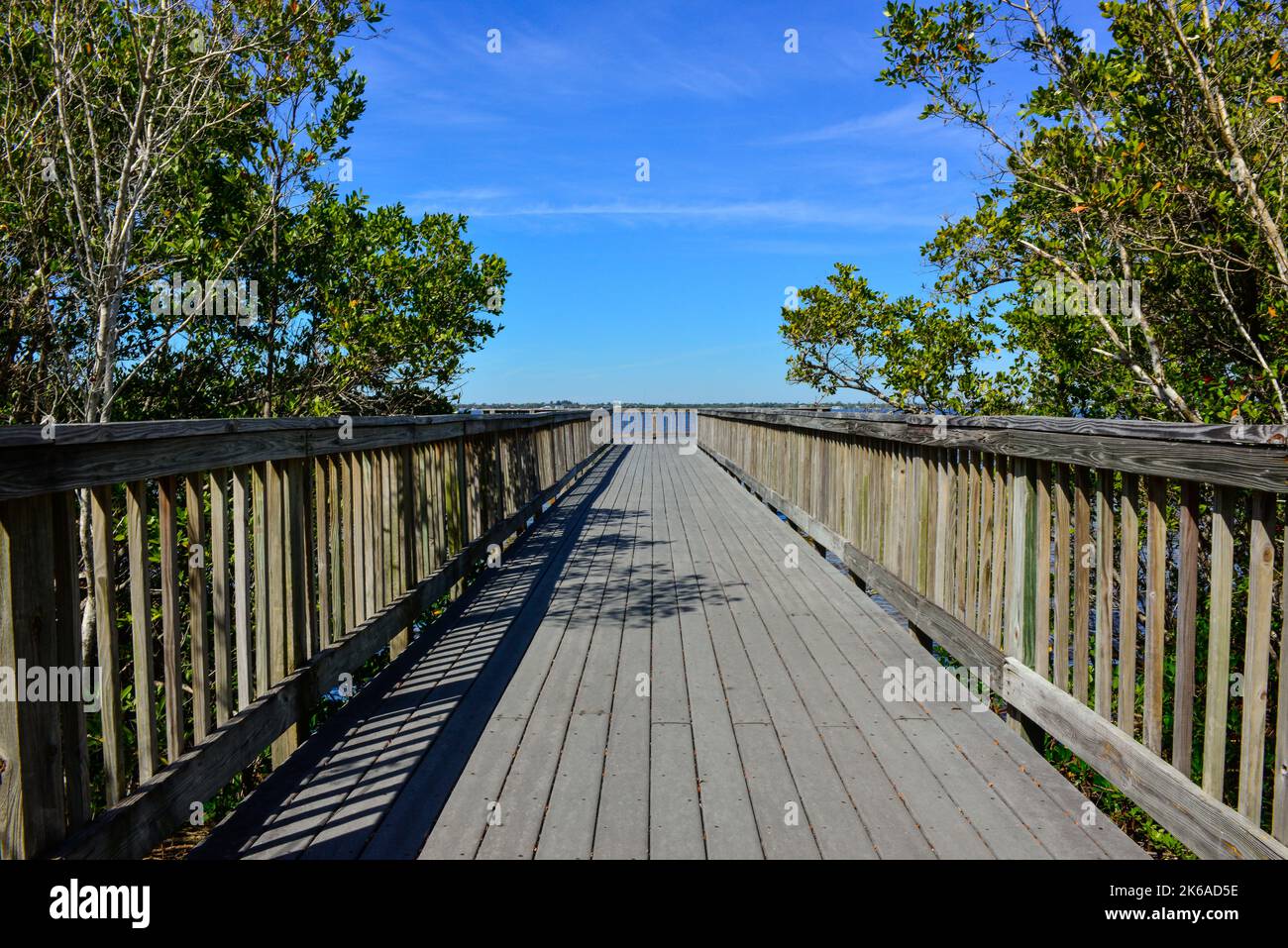 View across the Peace River between Port Charlotte and Punta Gorda, Florida from a recreational path with observation decks in Trabue Park Stock Photo