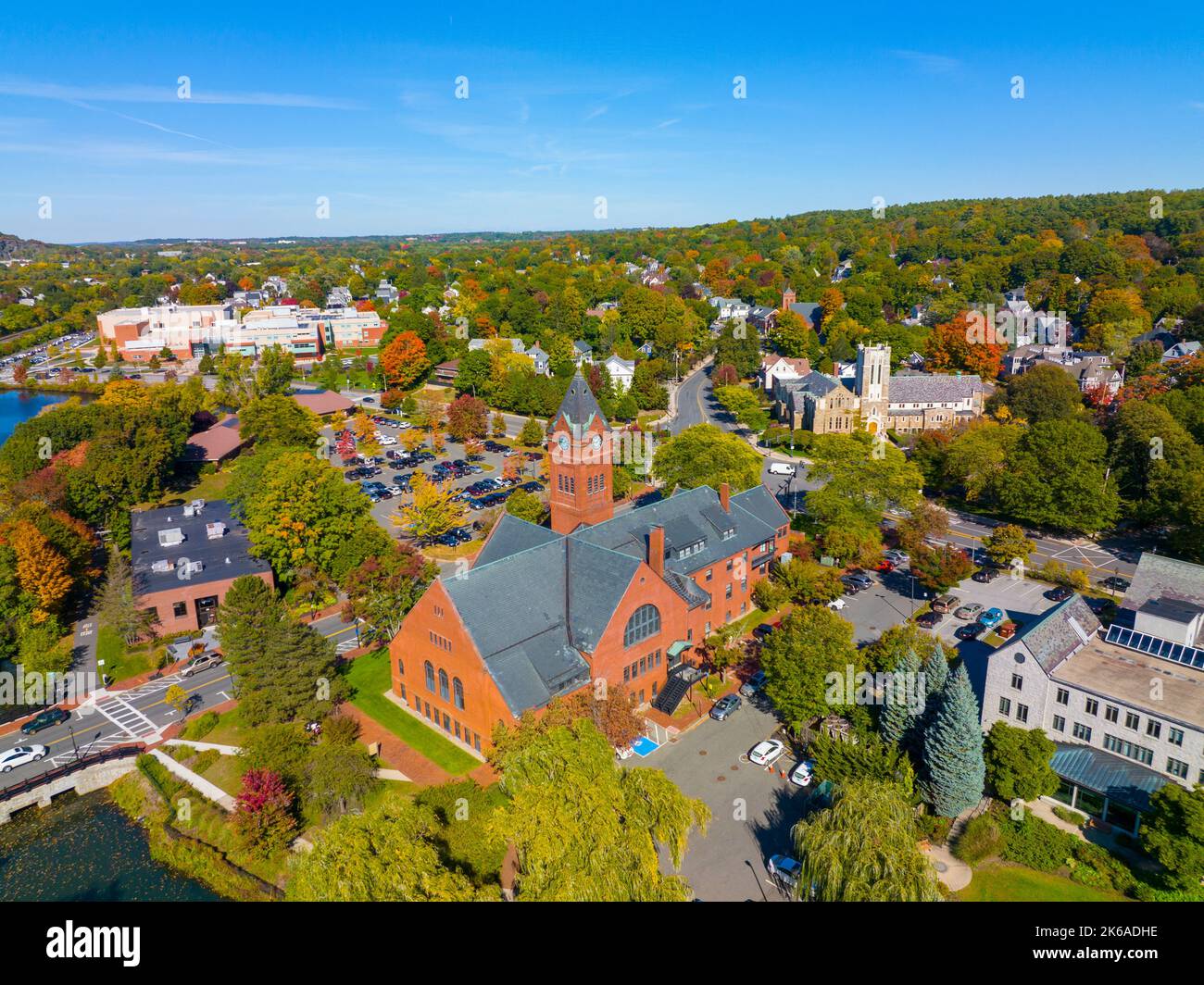 Winchester Town Hall aerial view in fall at Winchester Center Historic