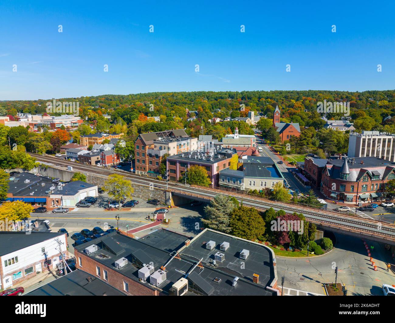 Winchester historic center on Rotary with Town Hall in fall in town of