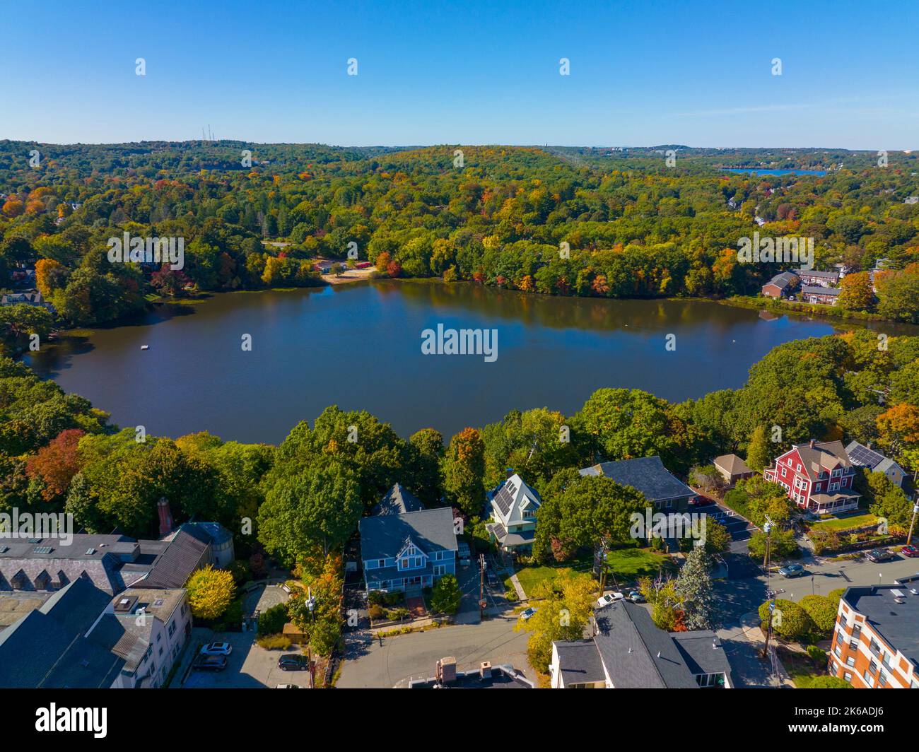 Wedge Pond aerial view in fall in historic town center of Winchester
