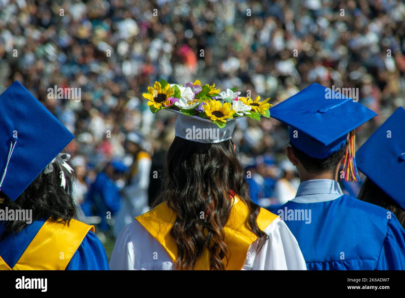 A high school graduate in Huntington Beach, CA, sports an unconventional graduation cap featuring a flower arrangement. Stock Photo