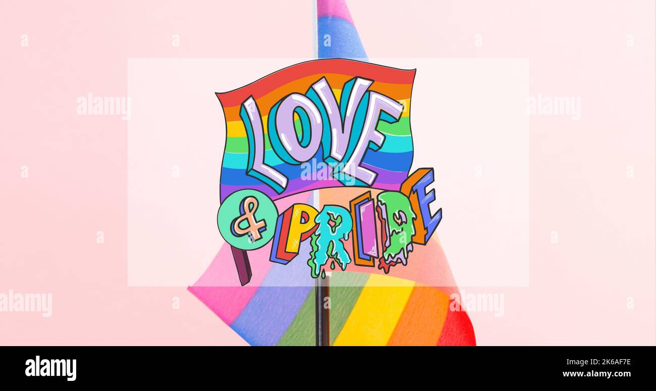 Composite of love and pride text with rainbow flag against pink ...