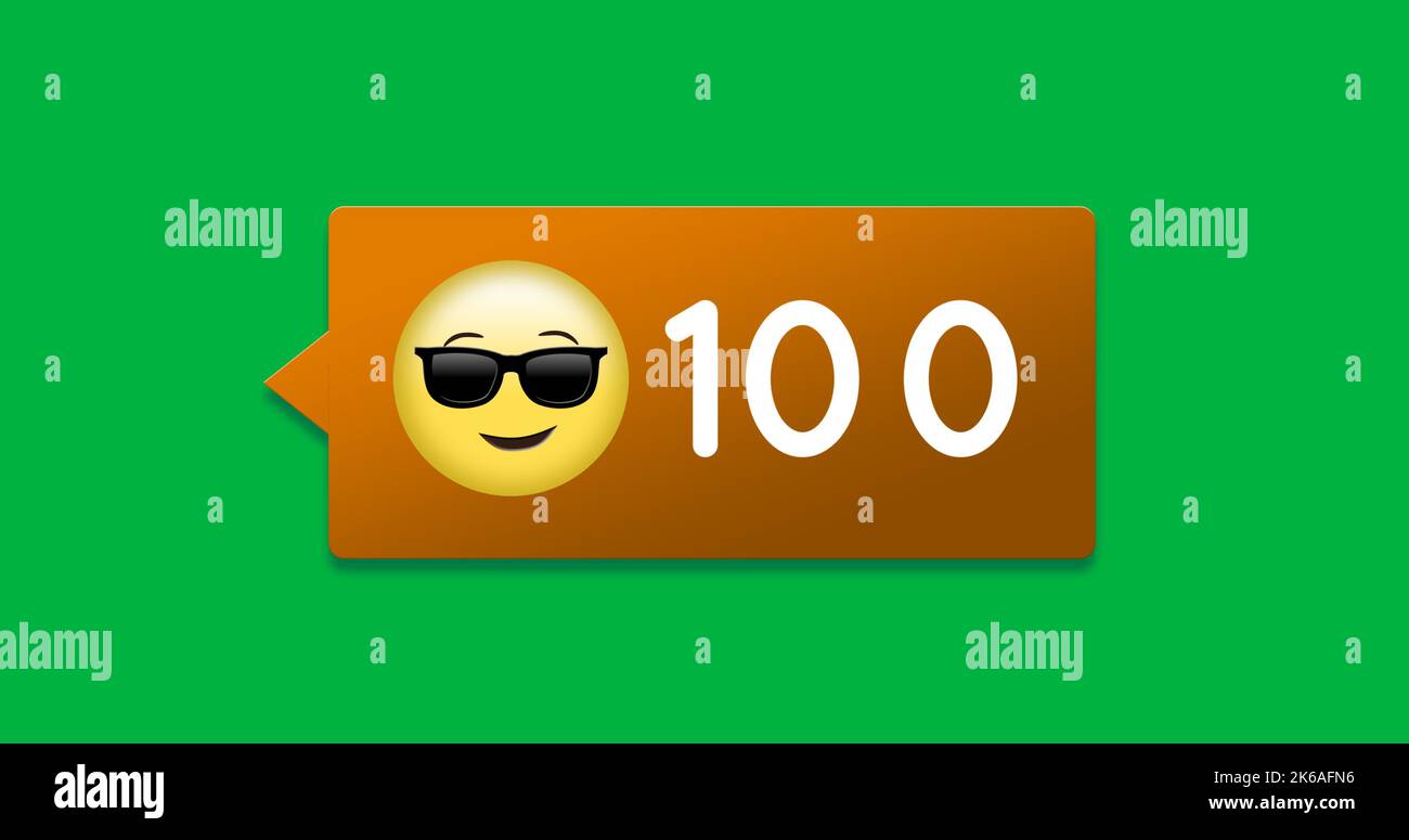 Image of 100 notifications and emoticons over green background. Social ...