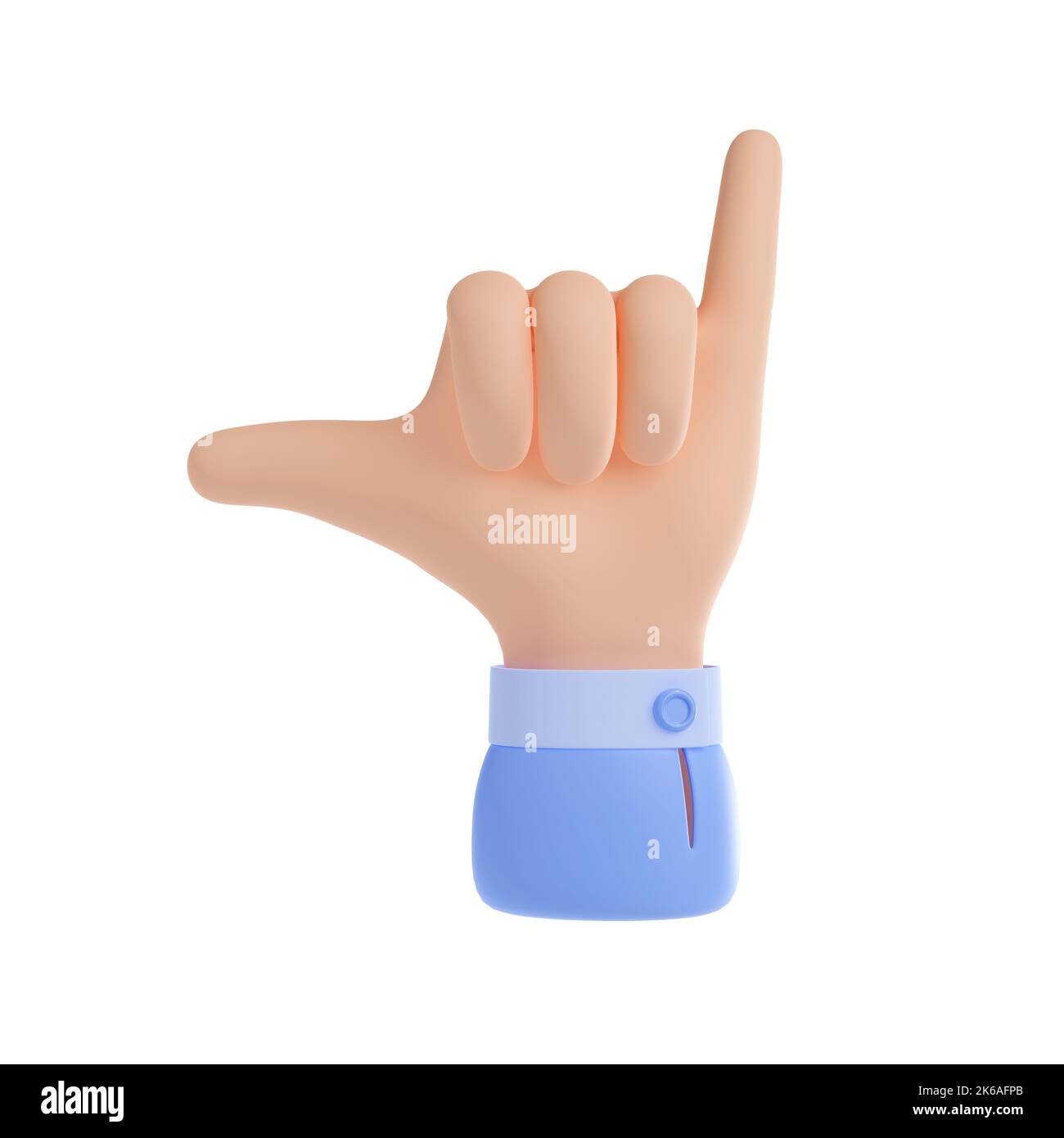 Surfers shaka hand gesture, hang loose sign. Icon of fist with two fingers, call me symbol or surf greeting gesture, 3d render illustration isolated on white background Stock Photo