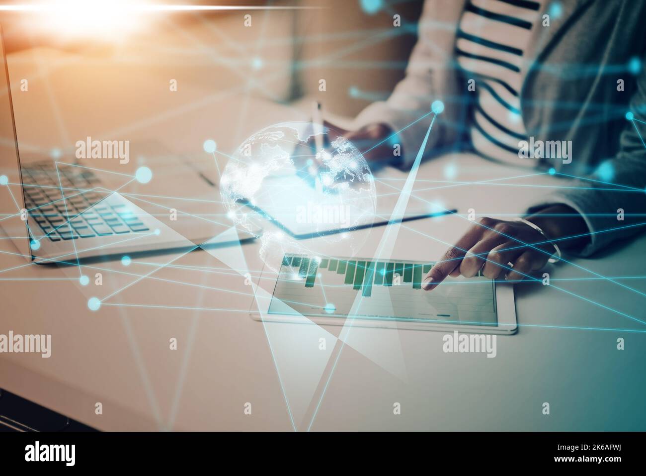 Digital business, global overlay and hands for futuristic technology ...