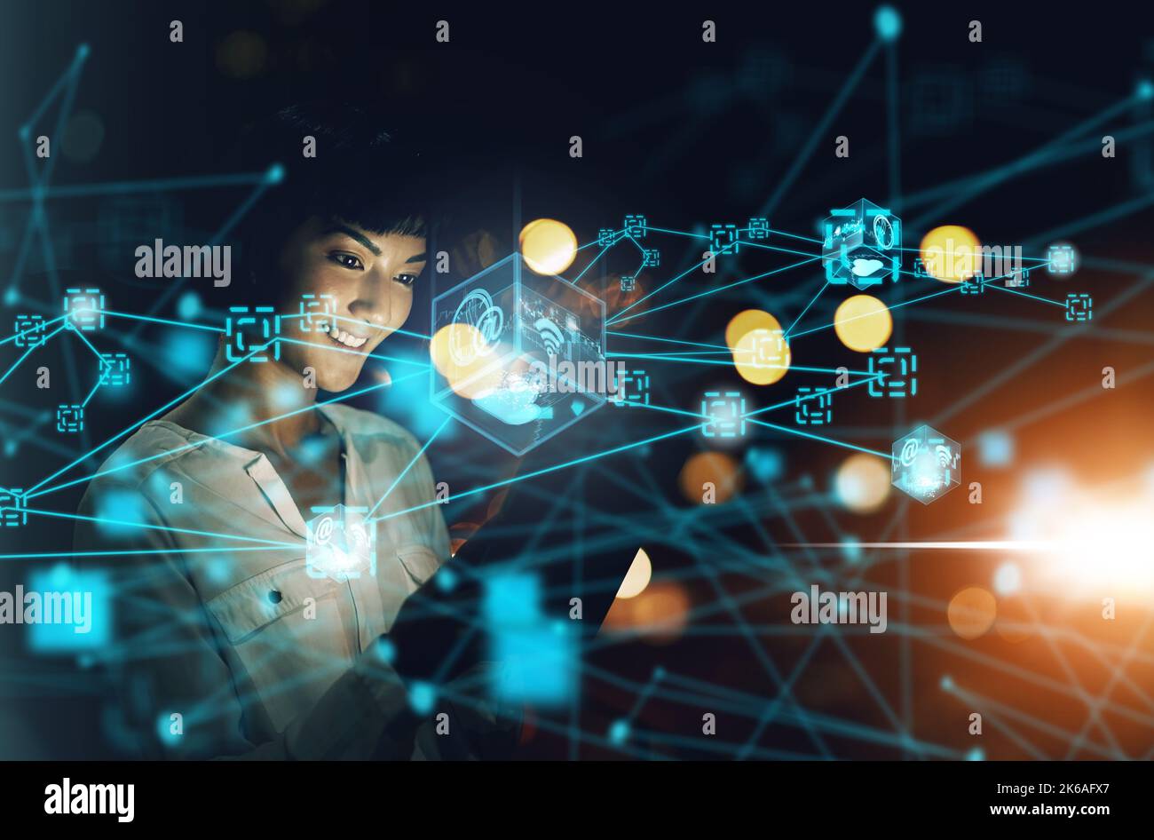 Technology, ai and business woman networking at night holding virtual UX UI interface at work. Female leader checking iot big data with futuristic 5g Stock Photo
