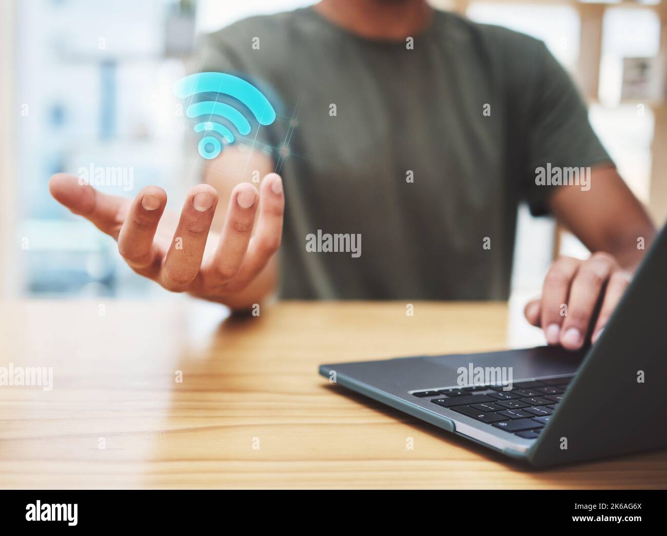 Overlay, wifi and entrepreneur with internet connection for fast browsing or searching online via laptop signal device, Digital, hologram and person Stock Photo