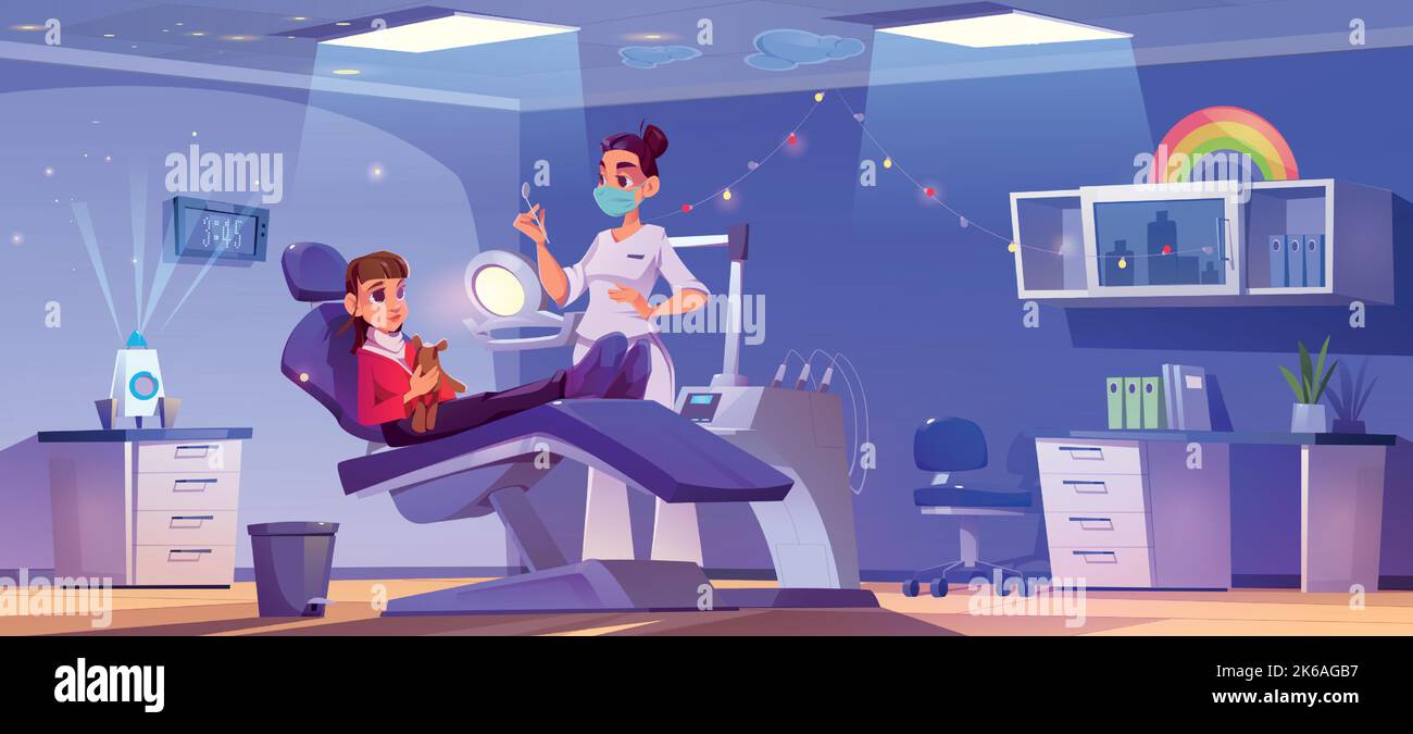 Kid at dentist clinic, little girl with toy sitting on couch at dental