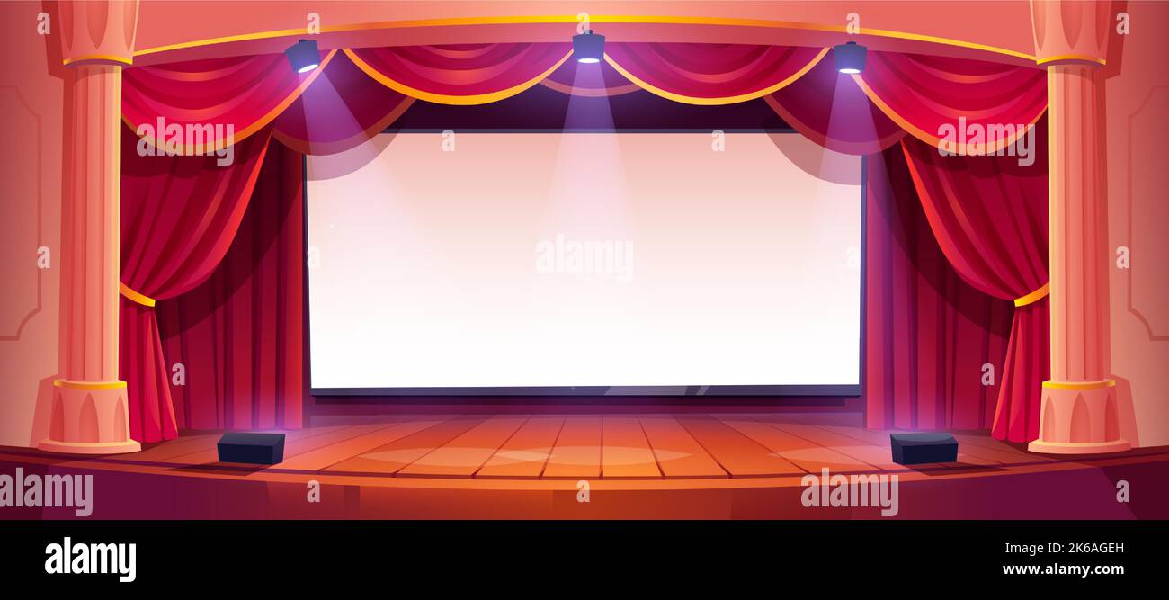 Movie theater stage, cinema, theatre scene with screen, red curtains, roman columns and spotlights. Empty concert hall interior with blank screen and light illumination, Cartoon vector illustration Stock Vector