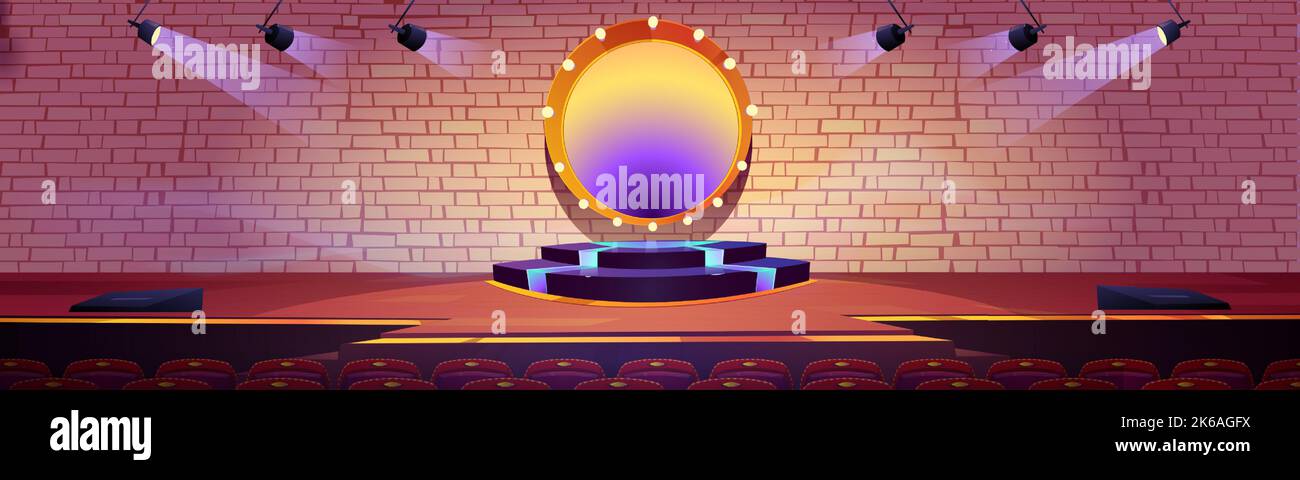 Stage for concert, award ceremony, music show, comedy contest with round podium, spotlights and viewer chairs. Empty scene in television studio for events, performance area Cartoon vector illustration Stock Vector